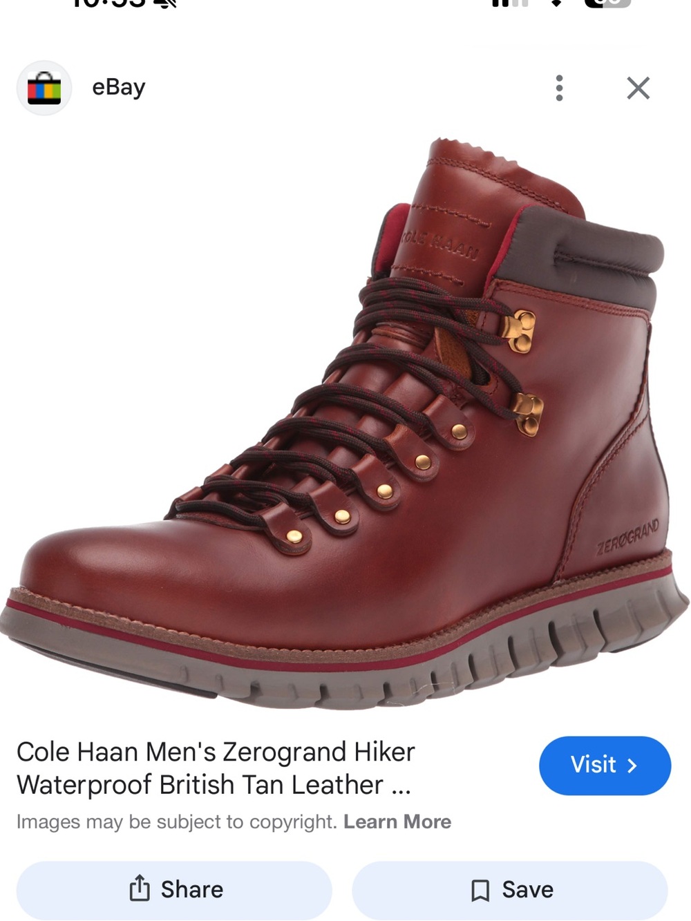 Cole Haan Men's Zerogrand Hiker Waterproof boots in British Tan Leather sz 10